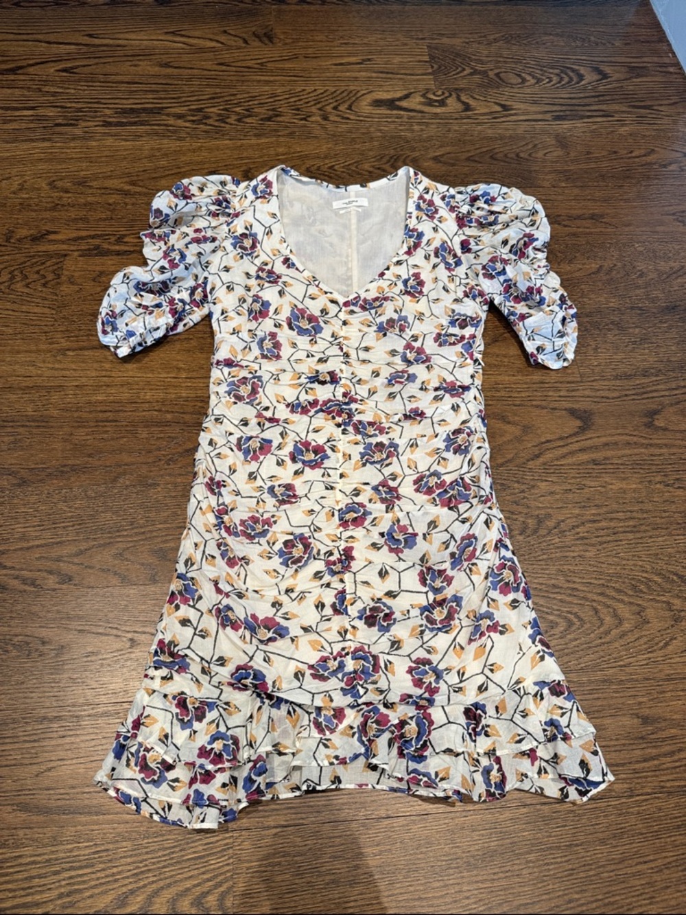 Isabel Marant Cream Floral Mini Dress with Purple & Blue Accents